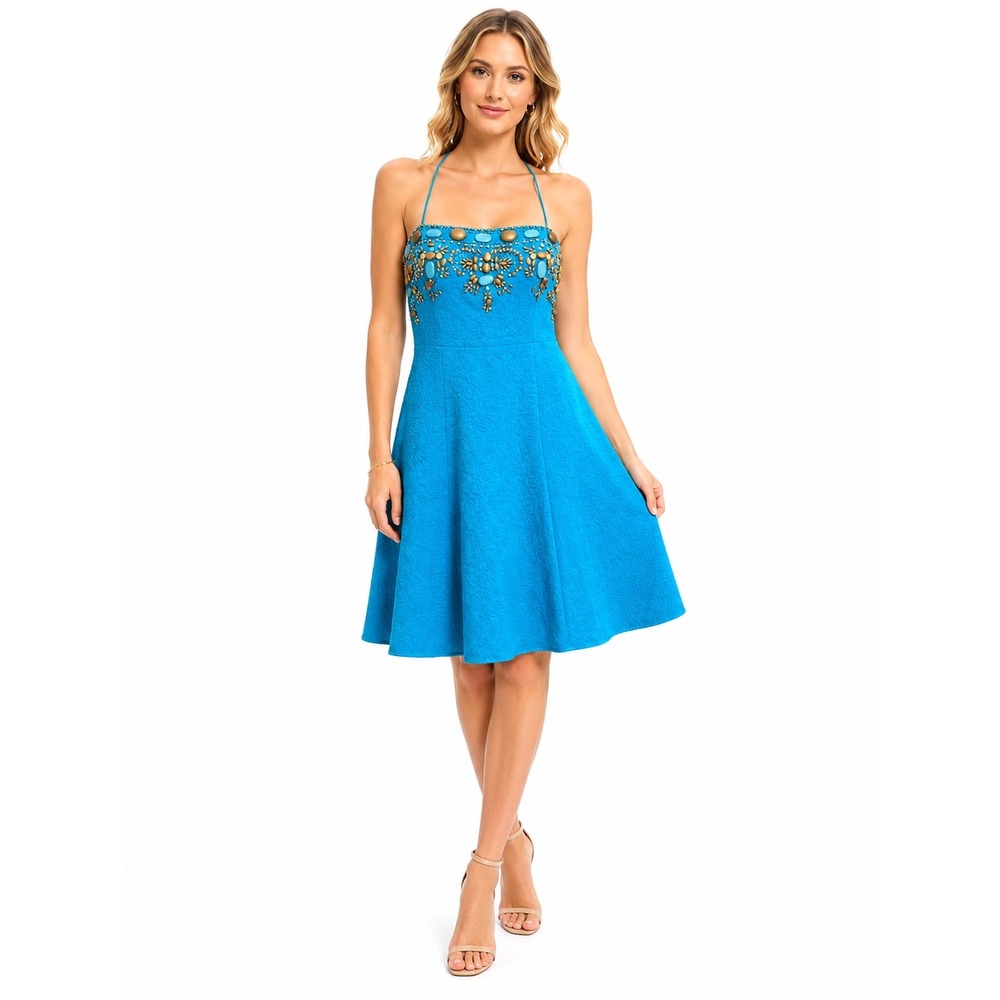Chetta B Sunhee Dress Womens 8 Blue Halter Beaded Jacquard Fit Flare Boho Summer